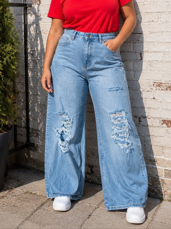 wild fable Denim - Wild Fable NEW Plus Size 18: Light Blue High-Rise Distressed Wide-Leg Jean-Women